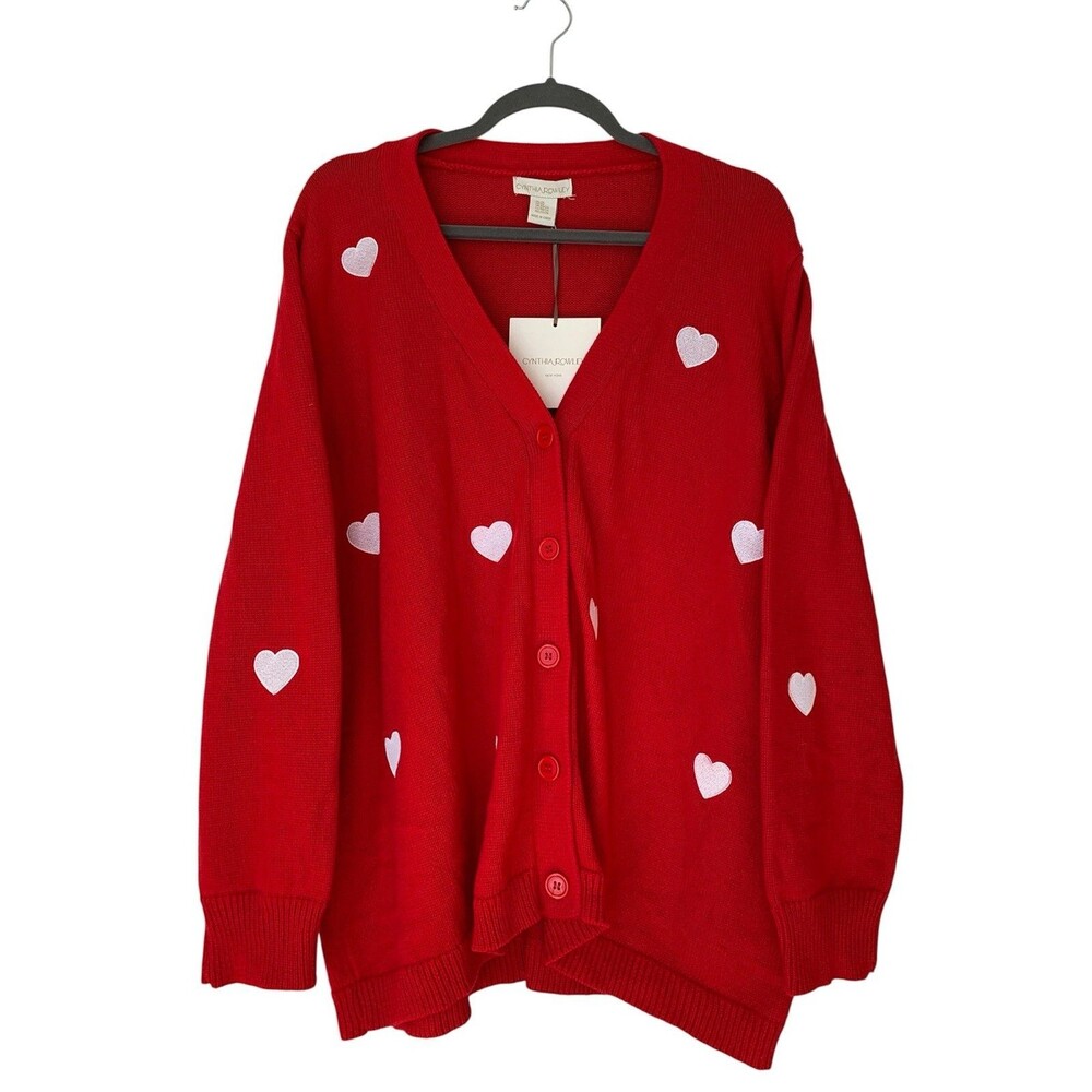 NWT Cynthia Rowley Heart Button-Front Cardigan 100% Cotton Red - Size 2X